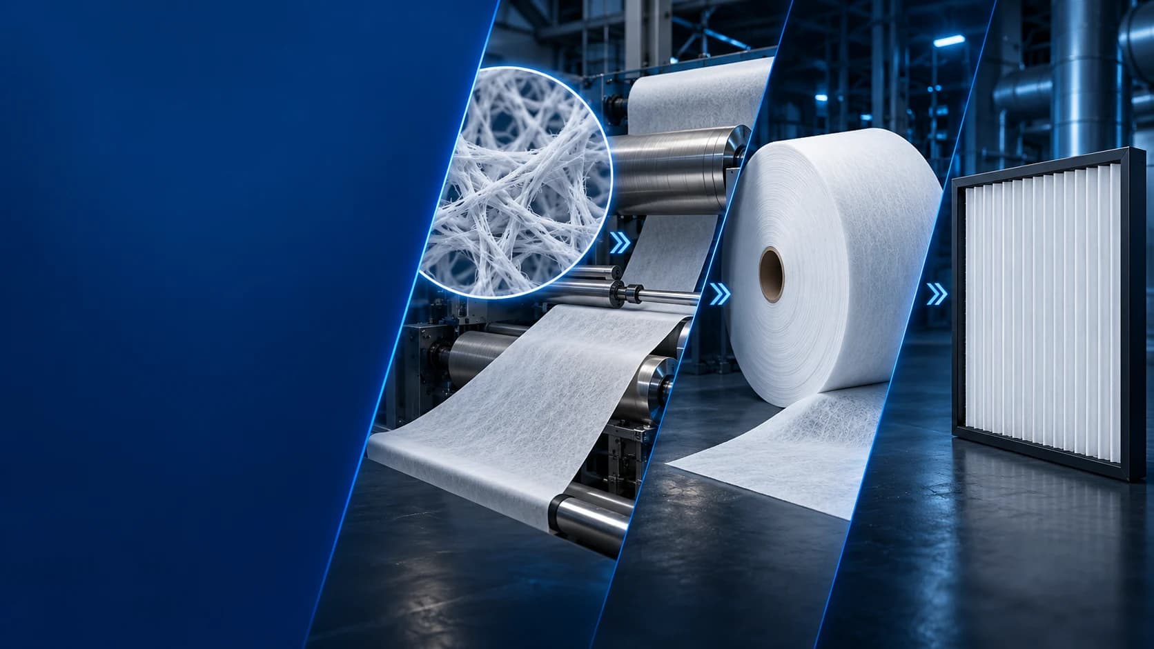 Illustrative journey from fibre through nonwoven processing and filter-media roll to a finished filter